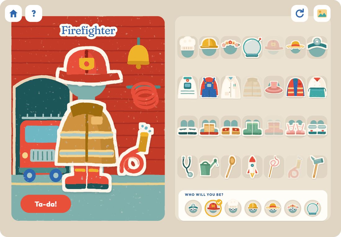 The costume box: a figure dressed as a firefighter in front of the fire station