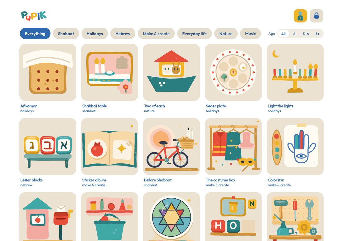 The Pupik home screen on a phone, with its shelf of activities