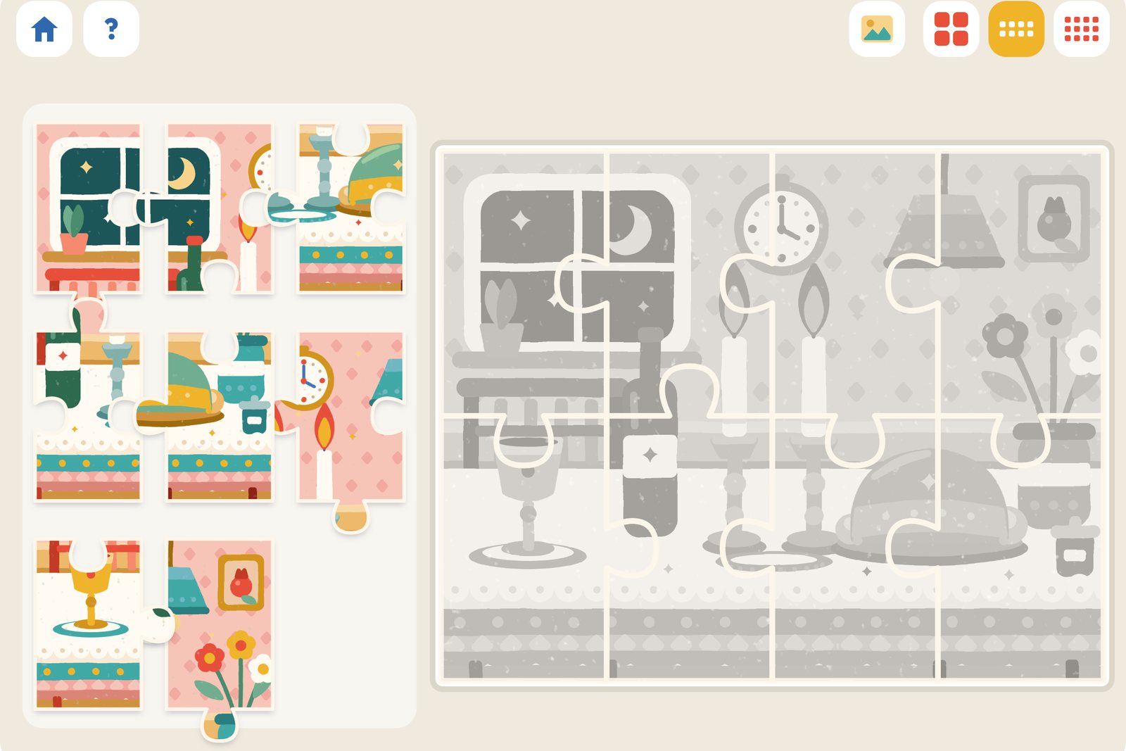 The Shabbat table puzzle on a tablet: the pieces waiting beside the picture